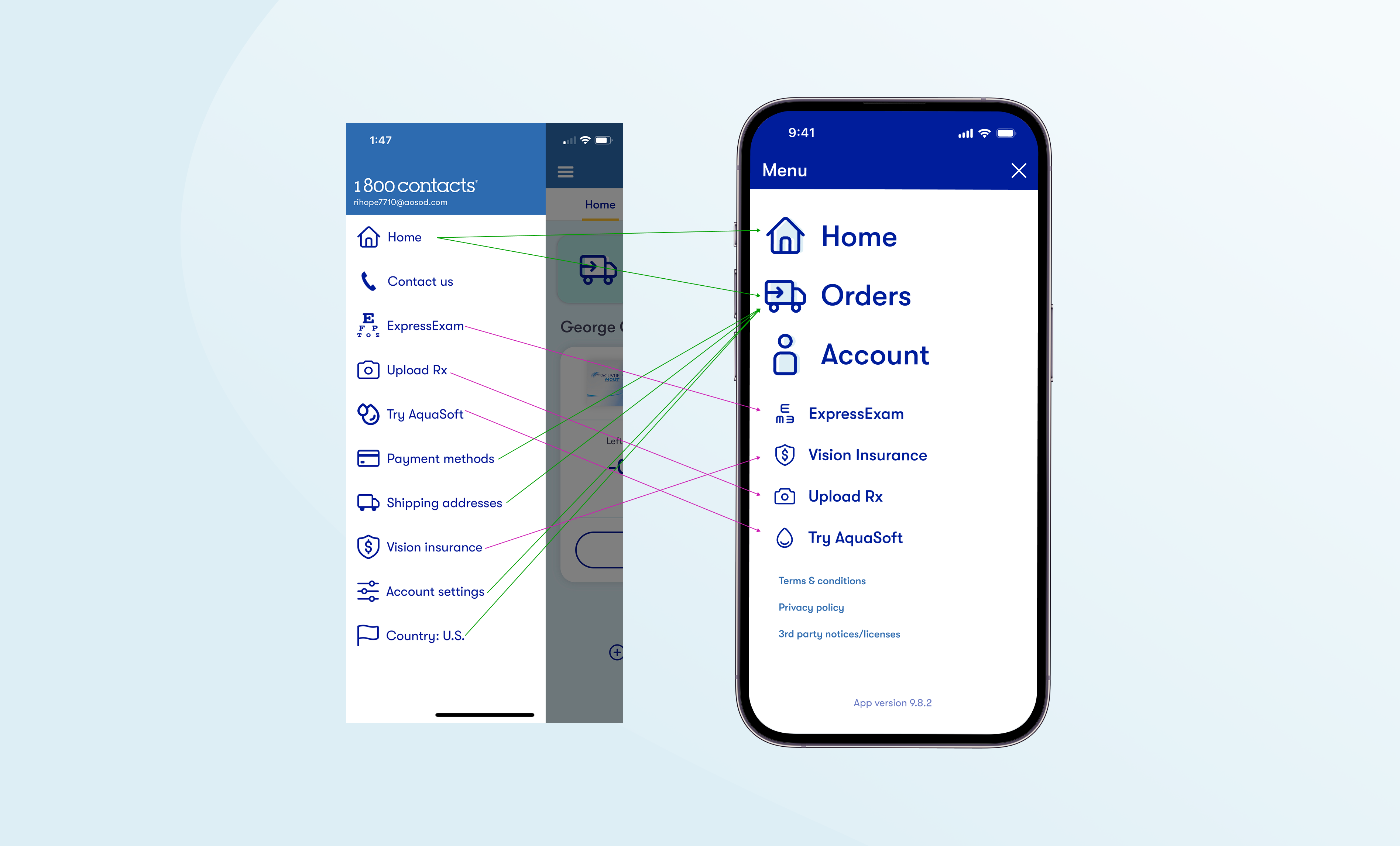 Old and new app menu side by side