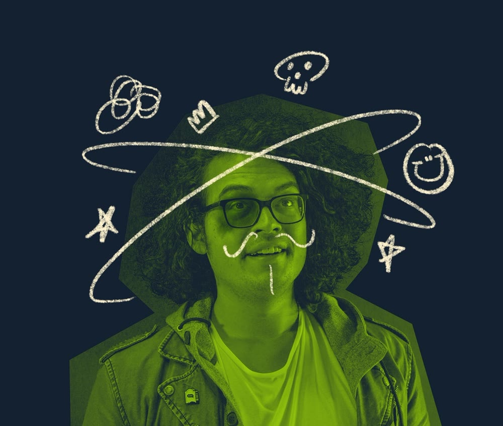 Portrait of Scott Jones in a green duotone, with chalk-style doodles orbiting his head