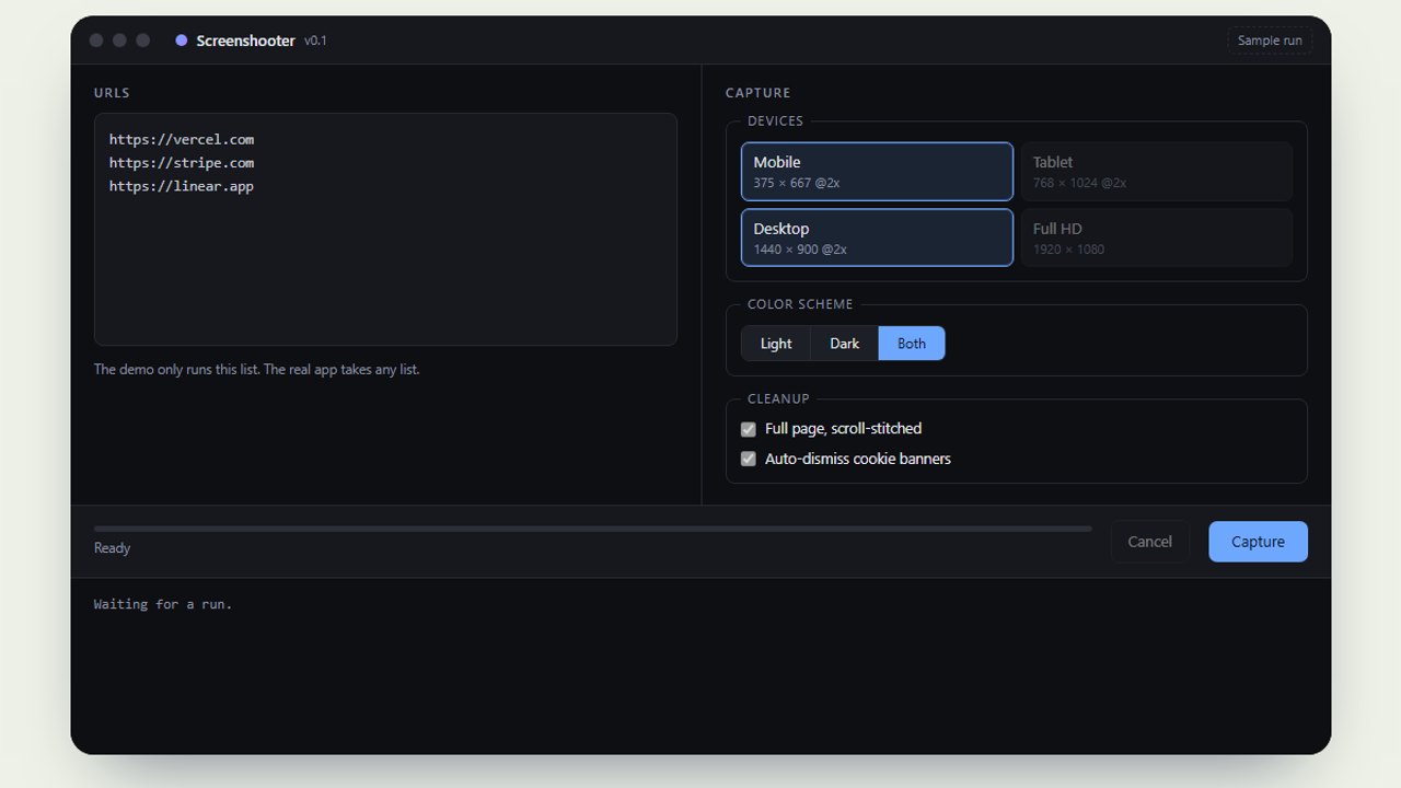 The Screenshooter app window with a list of URLs and capture settings